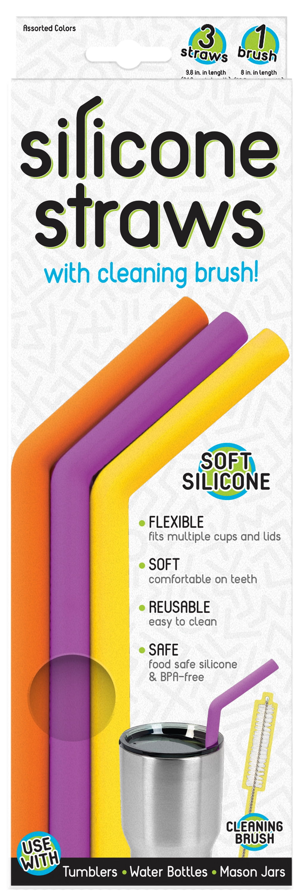 ICONIQ Re-Usable Silicone Straws with Cleaning Brush - Pack of 6 - Lar