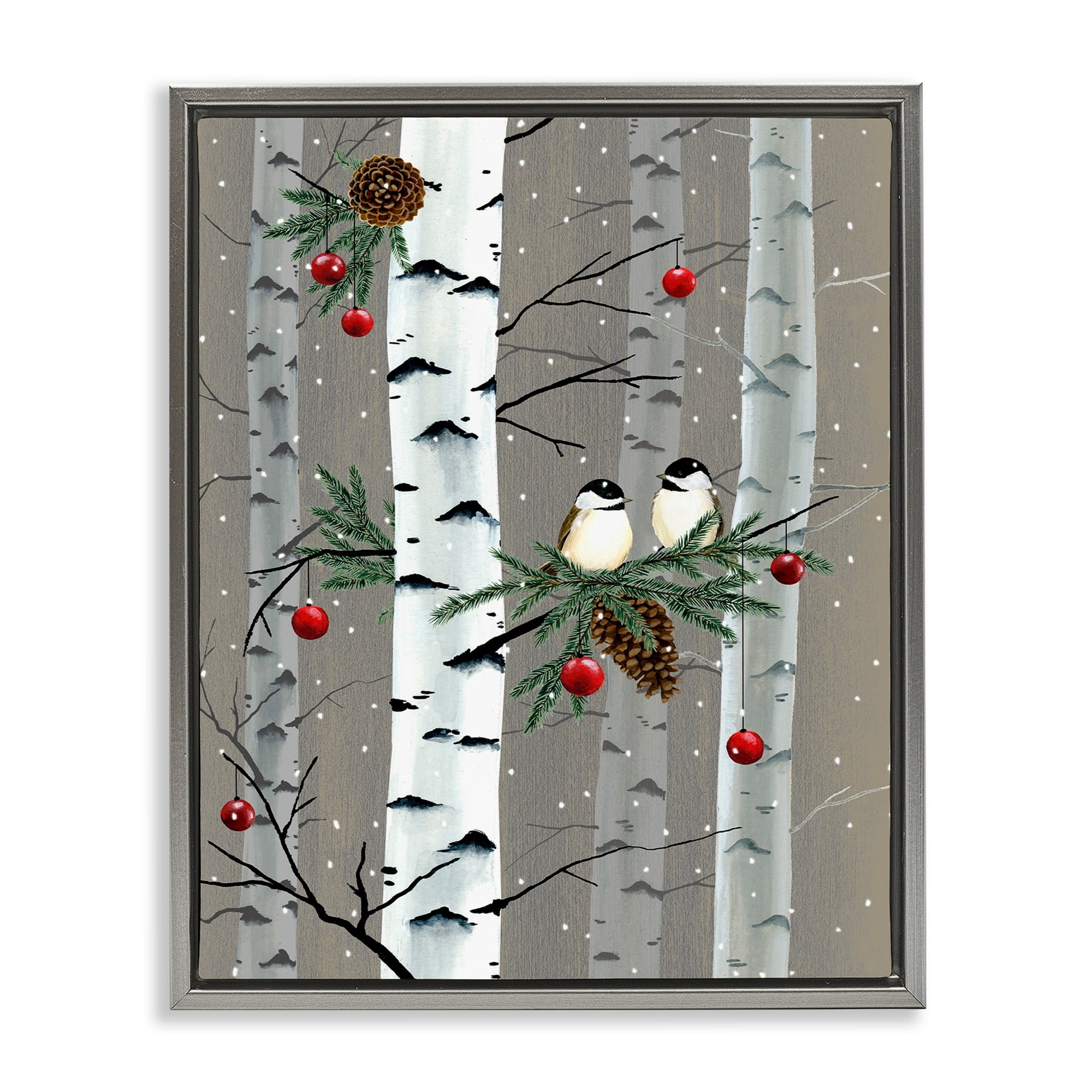 Stupell Industries Birds and Holiday Ornaments Birch Tree Forest Luster Gray Framed Floating Canvas Wall Art, 24x30, by Grace Popp