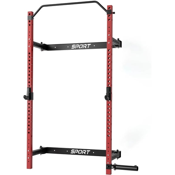 Folding Wall Mounted Squat Rack, Multi-Functional Power Rack for Home Gym Small Spaces, 1000 Pounds Capacity Foldable Squat Rack with Attachments, 2.36" x 2.36" Space Saving Power Cage