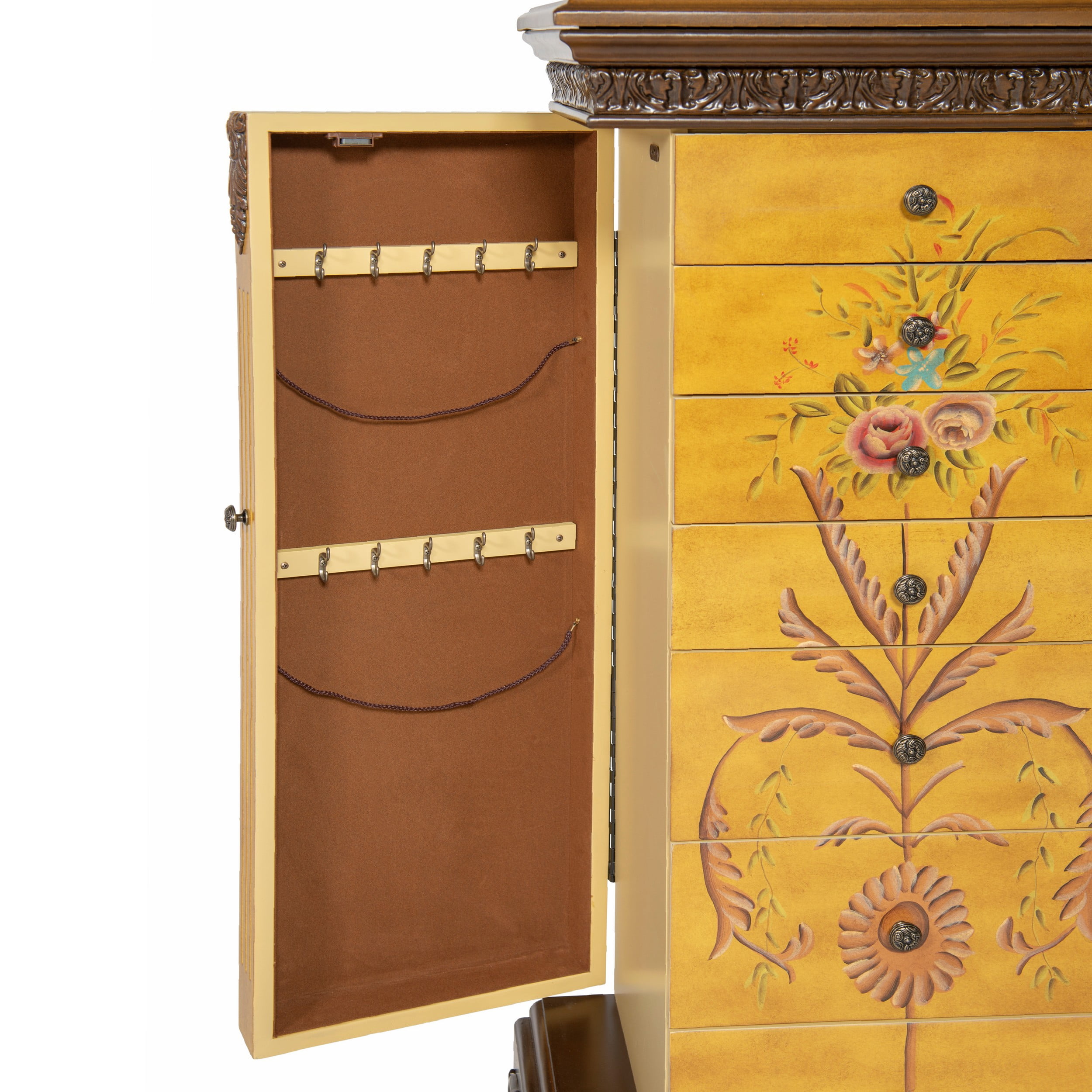 Saltoro Sherpi 7 Drawer Hand Painted Jewelry Armoire with Flip Top, Yellow and Brown