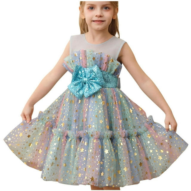 Yanlir Robe d'Été pour Filles Couleur Unie Manches Courtes Col Rond Ceinture Élastique avec Poches Robe Décontractée Confortable en Mélange de Coton pour Enfants (Bleu5,4 Ans)