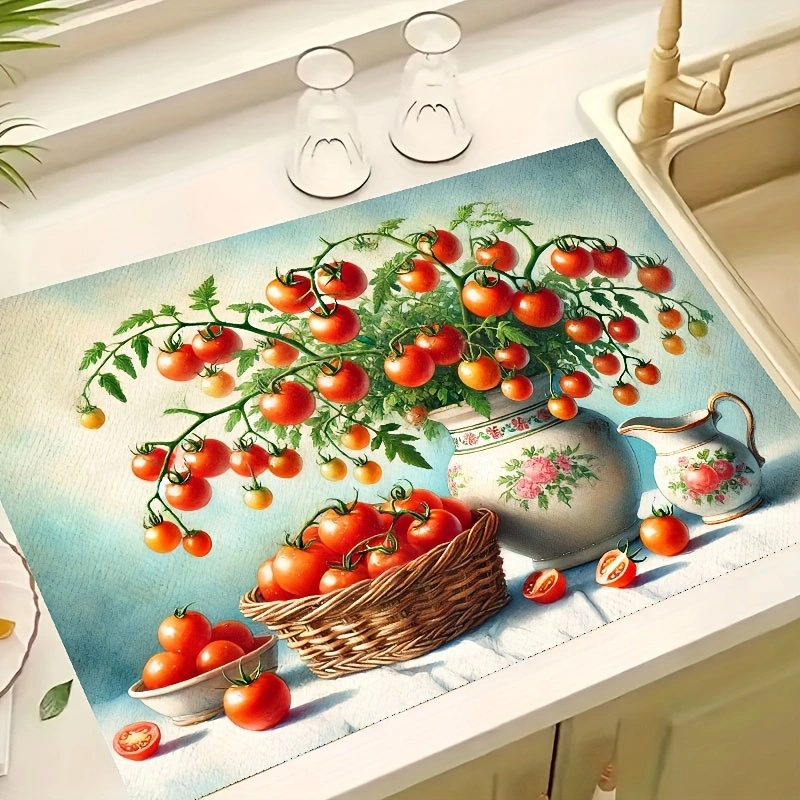 Tomato Teapot Still Life Stove Cover Mat – Heat Resistant Kitchen Mat for Glass Cooktops (28.3×20.5in)