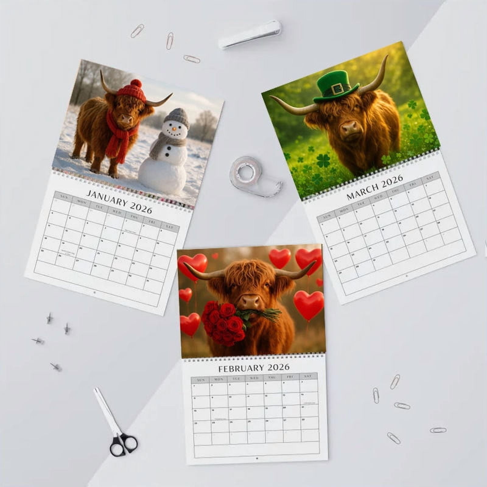 Calendrier Mural 2026 A3 - Motif Vache Des Highlands, Espace Notes, Papier Soie 170g