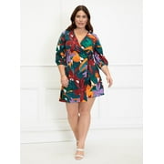 ELOQUII Elements Women's Plus Size Printed Self-Tie Wrap Dress w/ Puff Sleeve