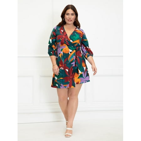 ELOQUII Elements Women's Plus Size Printed Self-Tie Wrap Dress w/ Puff Sleeve