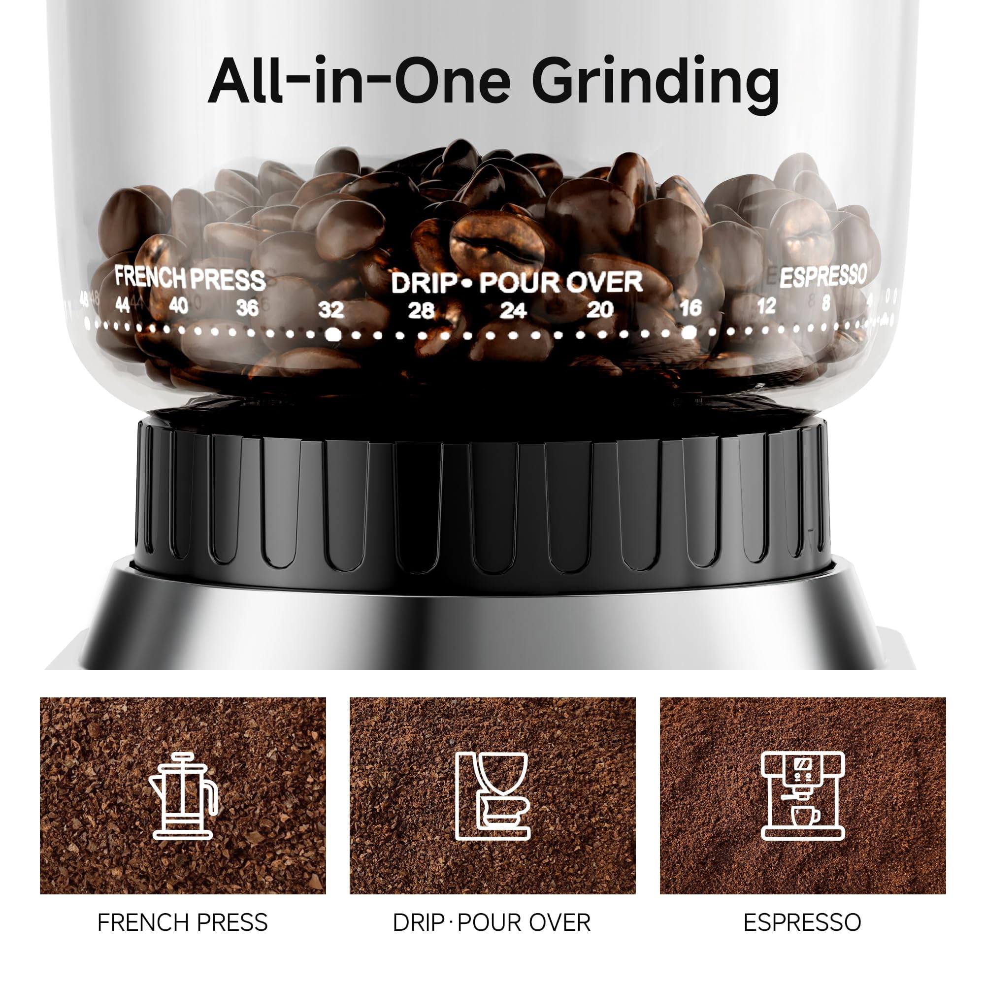 HiBREW G7 Burr Coffee Grinder – 48 Grind Settings, Stainless Steel Electric Coffee Grinder for Espresso & Drip Brewing