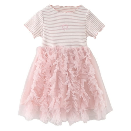 

B91xZ Floral Dress Toddler Girls Short Sleeve Bowknot Tulle Ruffles Princess Dress Dance Party Two Piece Dresses for Girls Pink 18-24 Months