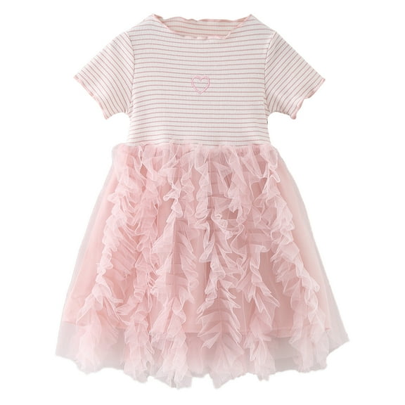 Fsqjgq Baby Girl Clothes Baby Girl Easter Summer Gold Dress for Girls Pink Toddler Girls Short Sleeve Bowknot Tulle Ruffles Princess Dress Dance Party Dresses Clothes 110