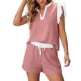 thumbnail image 4 of SOOMLON 2 Piece Sets for Women Summer Plus Size V Neck Cap Sleeve Lace Tees Color Block Shorts Casual Matching Outfit, 4 of 9