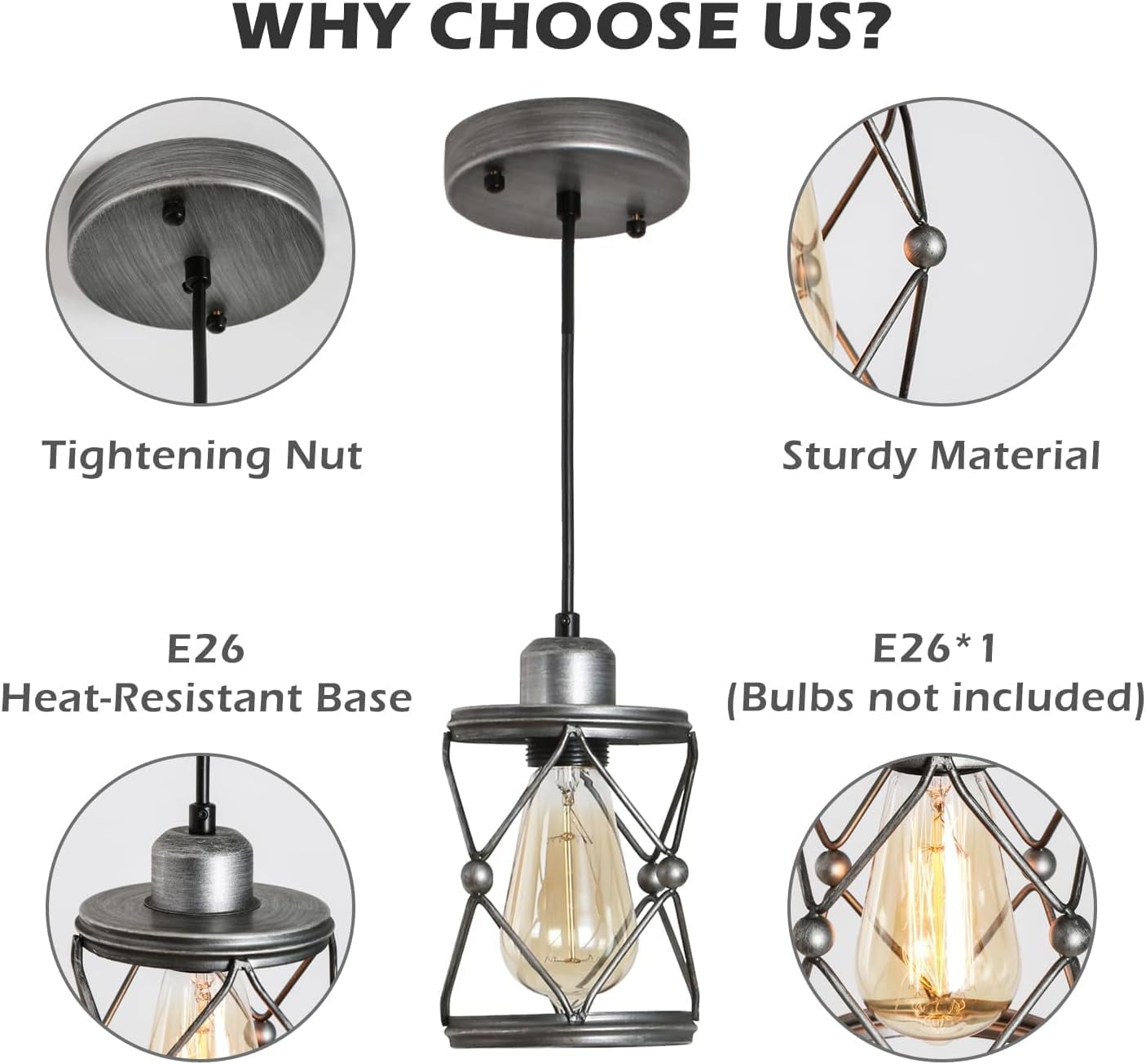 Industrial Pendant Lighting for Kitchen Island, Rustic Mini Cage Pendant Light, Farmhouse Pendant Lamp with Silver Grey for Dining Room, Hallway, Entryway, Bedroom
