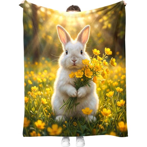 Cute White Rabbit Holding Yellow Flowers in Sunny Spring Meadow Soft Plush Throw Blanket for Home Decor