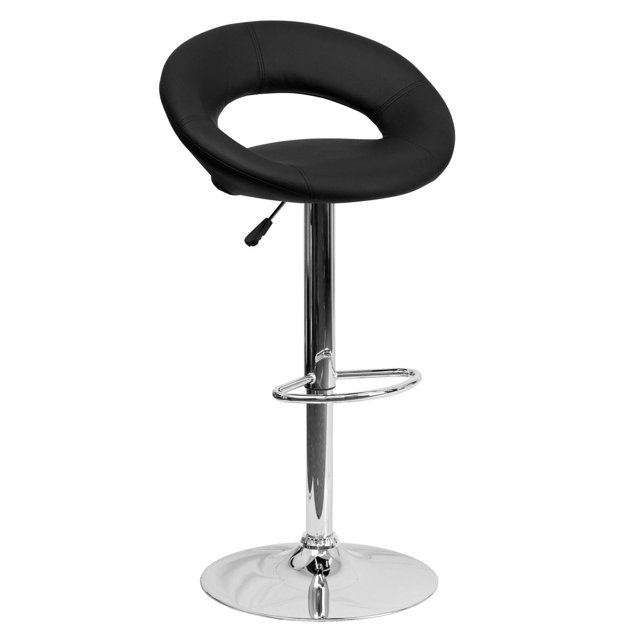 Contemporary Black Vinyl Rounded Orbit-Style Back Adjustable Height Barstool with Chrome Base