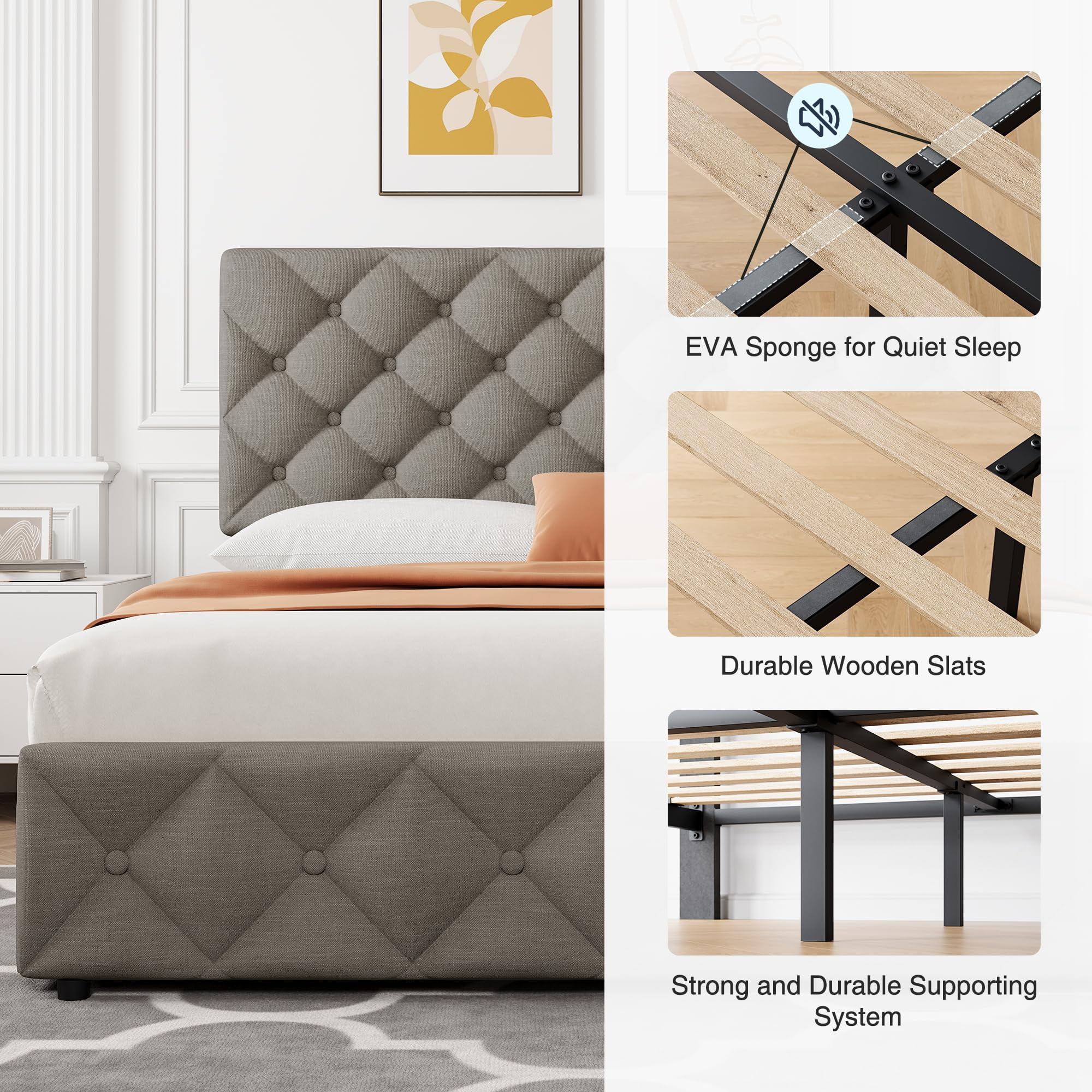 Full/Queen/King Size Bed Frame with 4 Storage Drawers and Headboard, Linen Upholstered Platform Bed Frame, Diamond Stitched Button Tufted, No Box Spring Needed, Easy Assembly