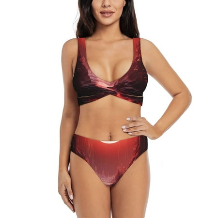 Zeuib Red Moon Lava High Waisted Tummy Control Bikini Set - Knot Front Push Up Top & Cheeky Thong Bottom  Two-Piece Swimsuit for Women-Medium