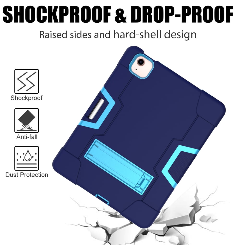 Allytech iPad Air 5 Case 2022, iPad Air 4 Case 2020, Heavy Duty Protection Shockproof Build In Kickstand Pencil Holder Kids Friendly Case for Apple iPad Air 5th 4th Generation, BlackNavyblue/Blue