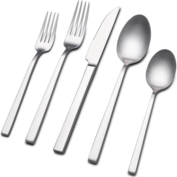 Scheam Stainless Steel Tableware Set,5 Pcs Matte Satin Finish Flatware,Mirror Polished Cutlery Set,Knives Forks and Spoons Set for Home Kitchen Restaurant, Dishwasher Safe (Silver)