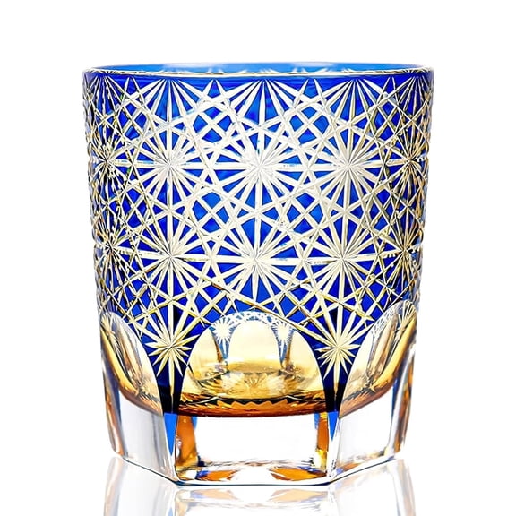 Handmade Edo Tokyo Kiriko Whiskey Glass, Blue Daisies Three-Layer Colored Cut Glass, Crystal Glass Tumbler, Giftware for Cocktail Glass, and Rum Lovers -1 Cup 8.2 Oz
