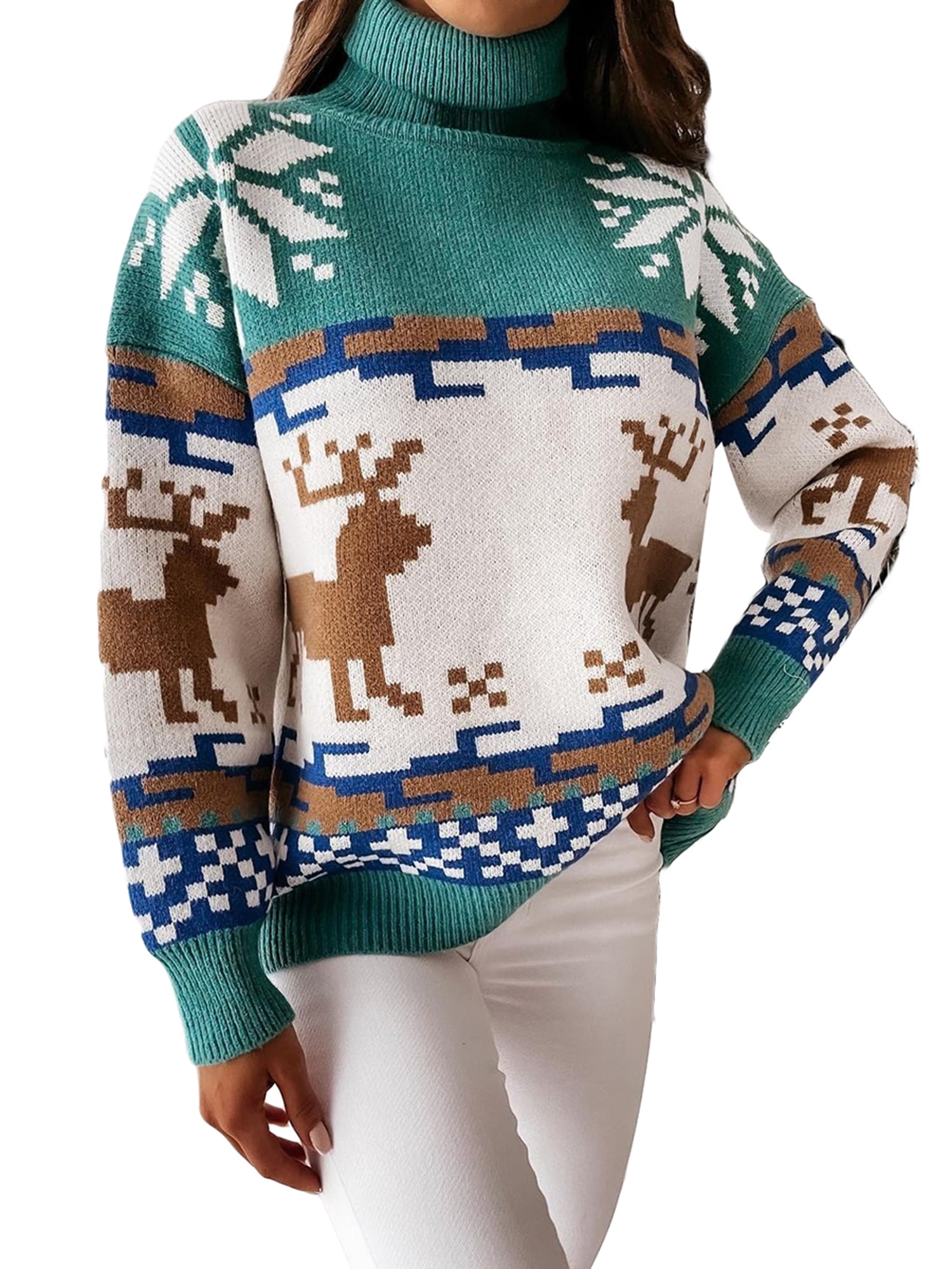 Licupiee Women's Ugly Christmas Sweater Reindeer Snowflake Knitwear Long Sleeve Turtleneck Knitted Jumper Pullover Tops, Size: XL, Blue