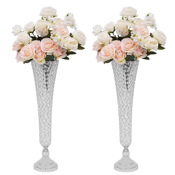 2 Pc Modern Crystal Trumpet Flower Silver Stand Crystal Vase For Wedding Decor 53cm Tall
