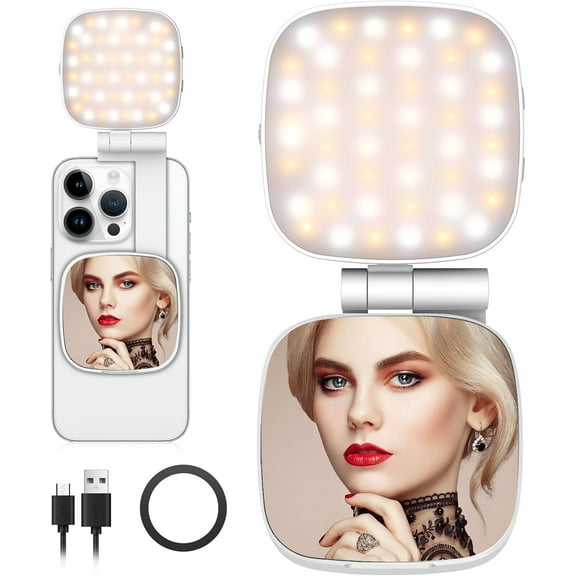 Magnetic Selfie Light Compatible for MagSafe iPhone, CRI 95  700lx/0.3m Folding LED Phone Fill Ring Lighting with Full Mirror for Zoom Makeup Photography Recording Video Conference TikTok (M27-White)