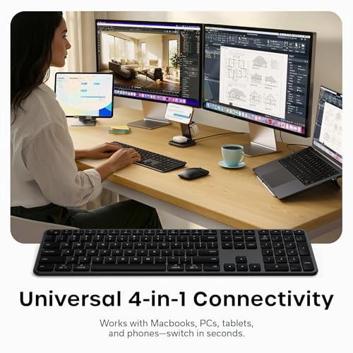 Satechi Slim EX3 Wireless Keyboard, Full-Size Keyboard w/Numpad, Multi-Device Bluetooth, 2.4GHz Connection for macOS, Windows, Android, Instant OS Key Remap,USB-C Rechargeable Battery, Space Black
