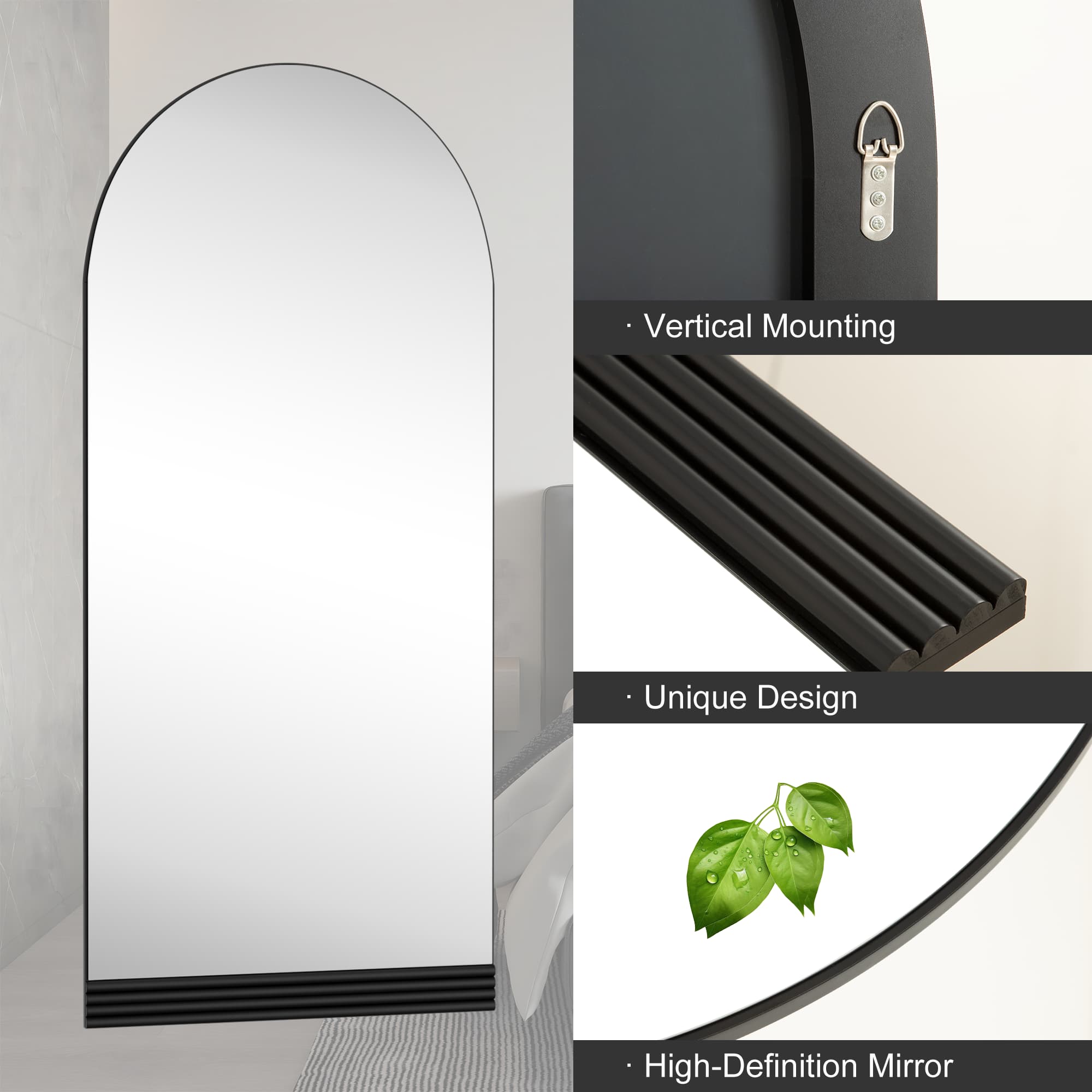 71"x35" Wood Arched Full Length Mirror Carved Floor Standing Mirror,Whether White