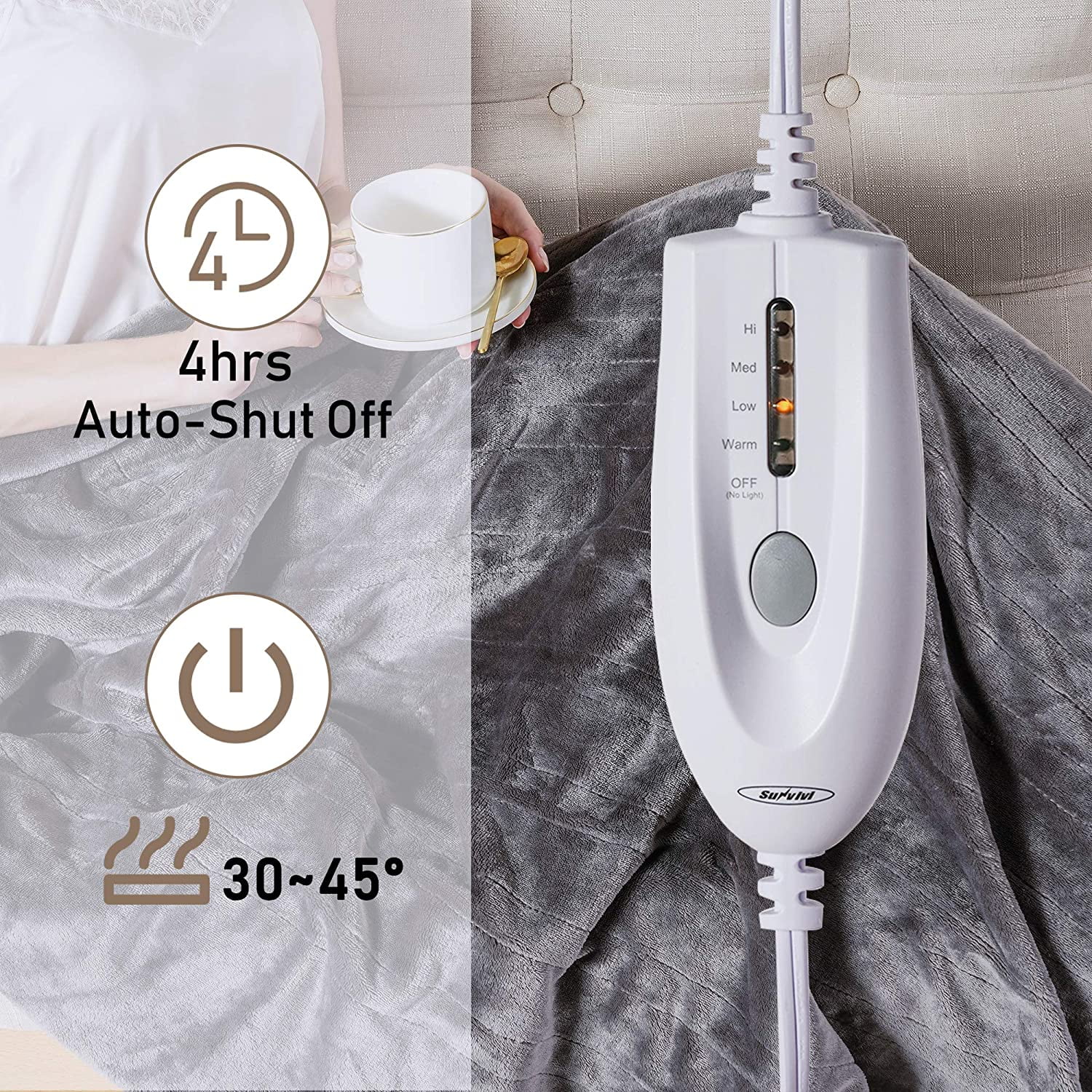 Htooq Electric Throw Heated Blanket Full 5htooq X 6htooq Double Layer Flannel With 4 Heating Settings 4 Hours Auto Off Machine Washable Grey G