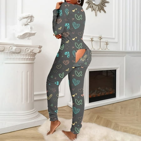 

Ladies Casual Long-sleeved Valentine s Day Printing Detachable Button Flap Adult Pajamas One-piece CHMORA