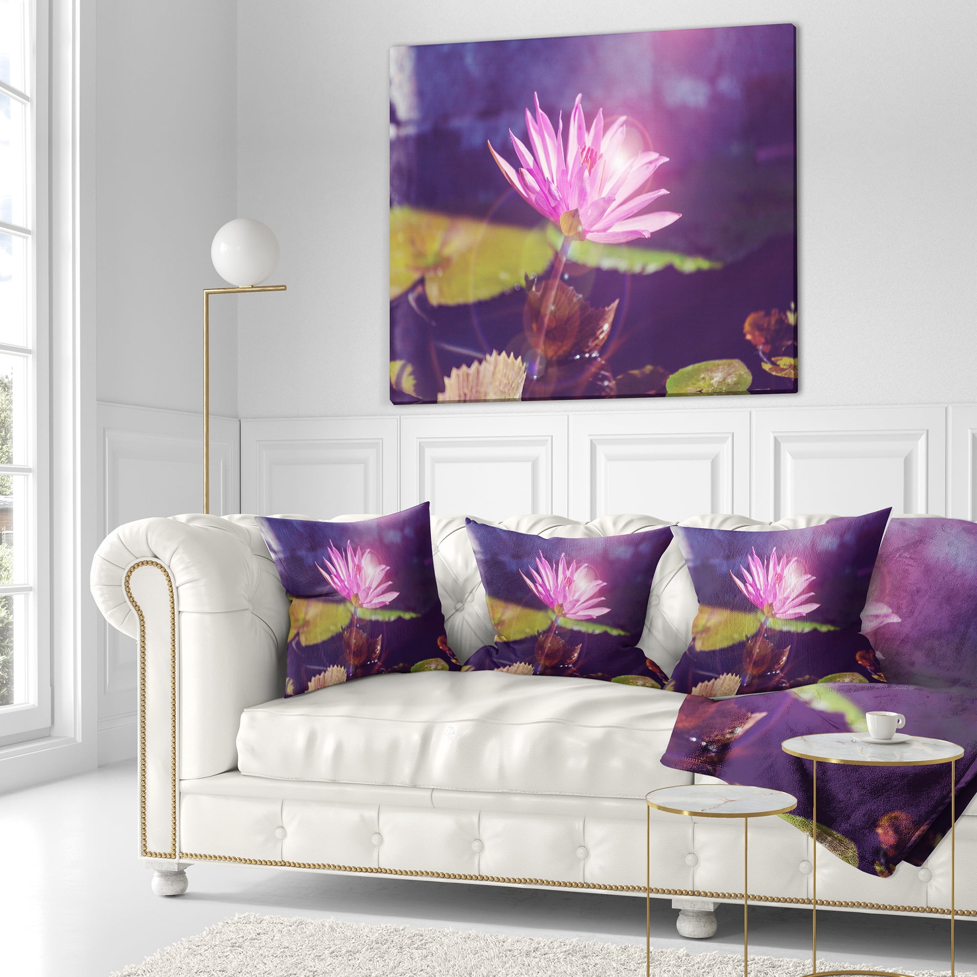 Designart Pink Lotus Flower on Blue Background - Floral Throw Pillow - 18x18