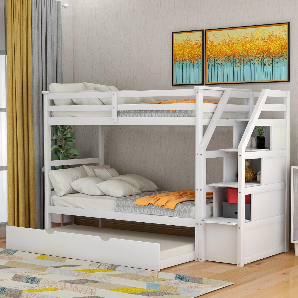 picture Twin Size Bunk Bed Dimensions twin over twin bunk bed with twin size trundle and 3 storage stairs white walmart com