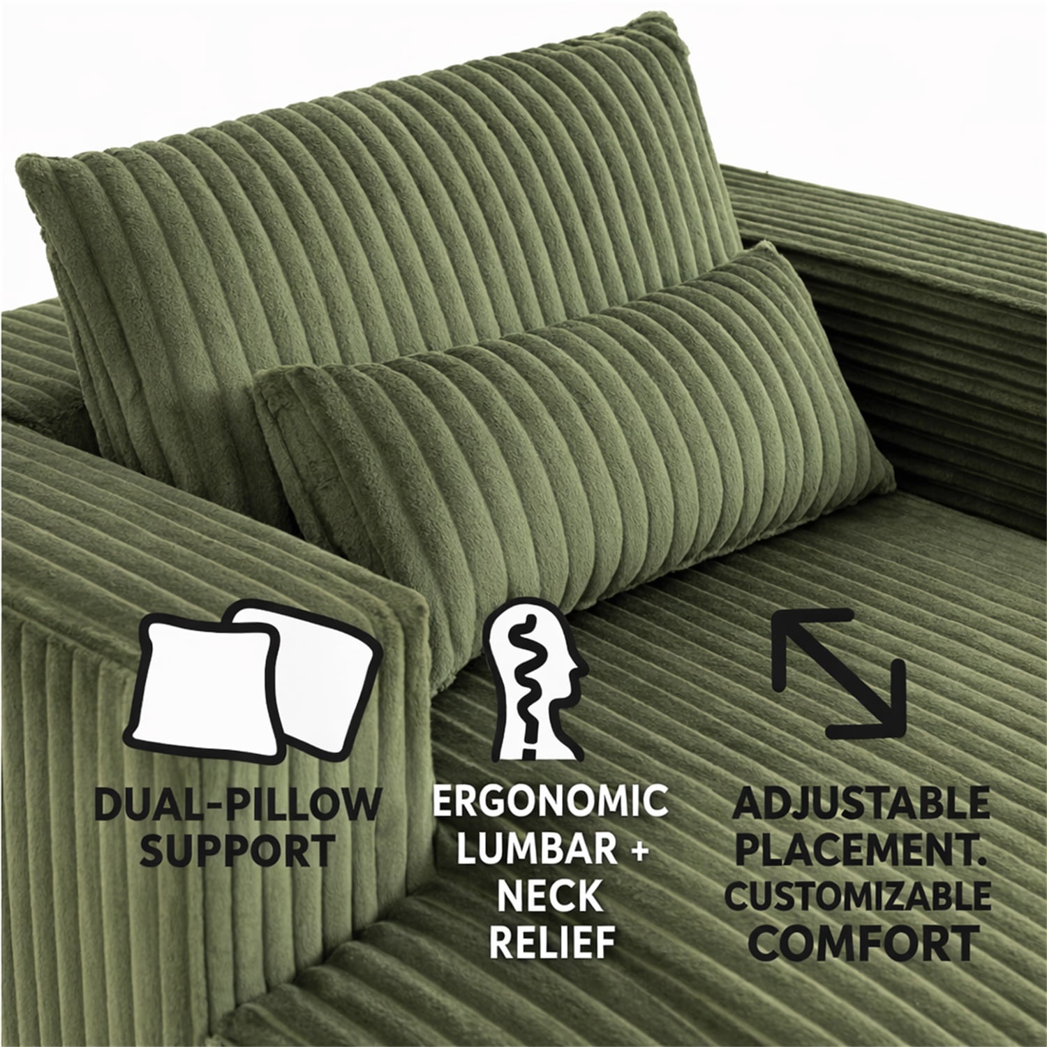 Hommoo Compressed Sofa Couch Bed with 2 Lumbar Pillows, Modern Corduroy Fabric Convertible Sleeper, for Living Room, Bedroom & Apartment, Green