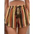 thumbnail image 2 of Womens Striped Hollow Out Loose Fit Tie Front Mesh Beach Shorts Casual Vacation Bottoms Orange M, 2 of 5