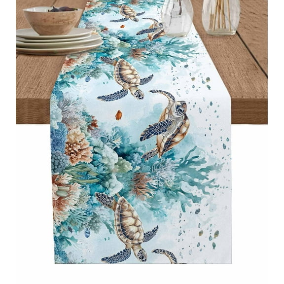 Table Runner Dresser Scarf 13 x 60 Inch Nautical Brown Sea Turtles Colorful Coral Ocean Beach Table Runners Non-Slip Heat Kitchen Dining Table Decor for Indoor Outdoor Home Party Decoration