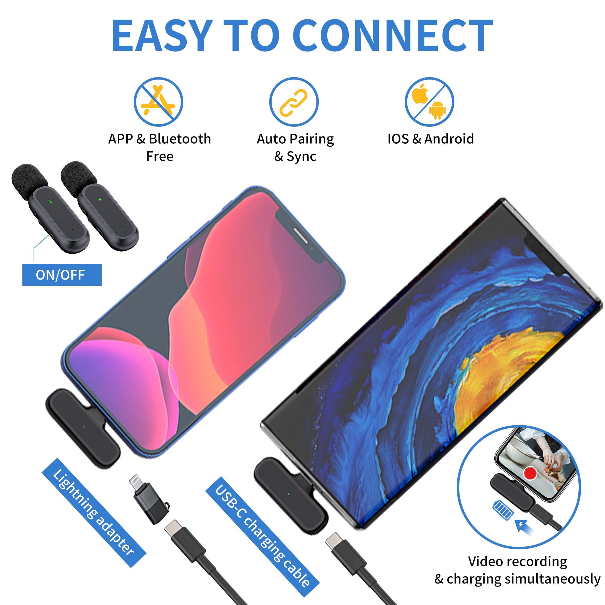 2 Pack Professional Wireless Lavalier Microphone for iPhone iPad Android with Charging Case Noise Reduction Plug-Play Clip on Lapel Mic for Vlogging, YouTube, Interview, Live Streaming