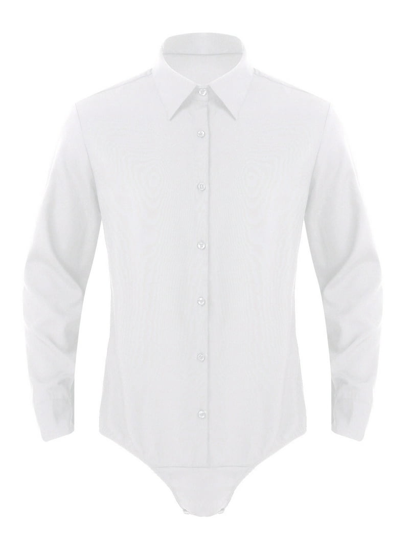 Iiniim Men's Long Sleeve Undershirt Press Botton Crotch Dress Shirt Bodysuit Top Button Down A White XL