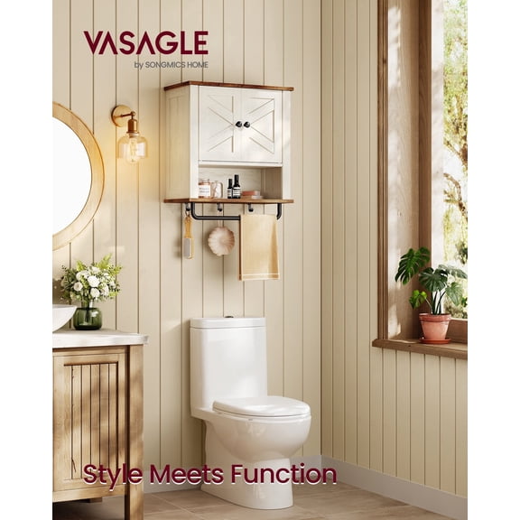 VASAGLE LIRY Collection - Bathroom Wall Cabinet, Farmhouse Wall-Mounted Medicine Storage Cabinet with 2 Barn Doors, Adjustable Shelf, Towel Bar, 7.9 x 18.1 x 24 Inches, Rustic White