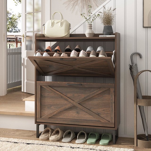 Vabches Farmhouse Shoe Storage Cabinet with 2 Flip Drawers, Freestanding Shoe Rack Organizer with Adjustable Shelf and Metal Handle for Entryway, Hallway