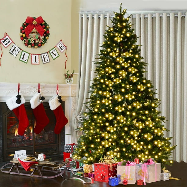 Goplus 8Ft PreLit Artificial Christmas Tree Hinged w/ 600 LED Lights