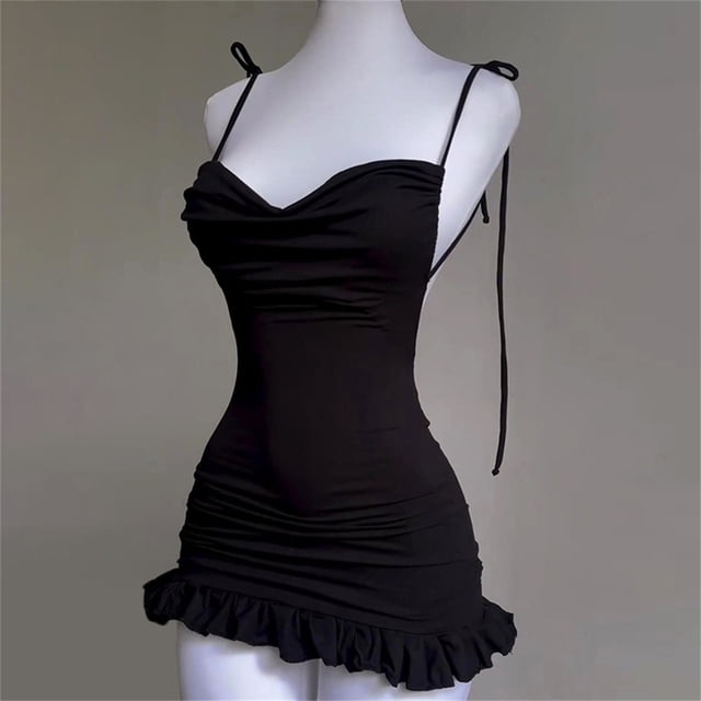 Minivestido Sexy sin mangas para mujer, ropa de calle con tirantes, Espalda descubierta, pliegues, ceñido al cuerpo, vestido negro dividido, vestidos elegantes de fiesta