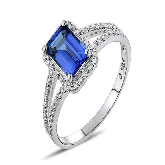 1.50 Carat emerald cut Sapphire and Diamond Halo Engagement Ring in 14k White Gold affordable Sapphire & diamond engagement ring