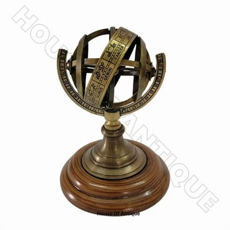 House Of Antique Vintage Armillary Brass Desktop Globe Sphere with Wooden Base - Astrolabe Decor