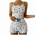 thumbnail image 4 of QUNYINEY Short Sleeve Cute Pjs for Women Crew Neck Bow Floral Camisole Sleepwear Loose Fit Shorts Ribbed Women Sets 2 Piece Outfits, 4 of 5