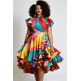 thumbnail image 5 of Plus Size Multicolor Abstract Print Satin Dress, High Neck Puff Sleeve Fit-and-Flare Ruffled Hem Cocktail Party Gown, 5 of 6