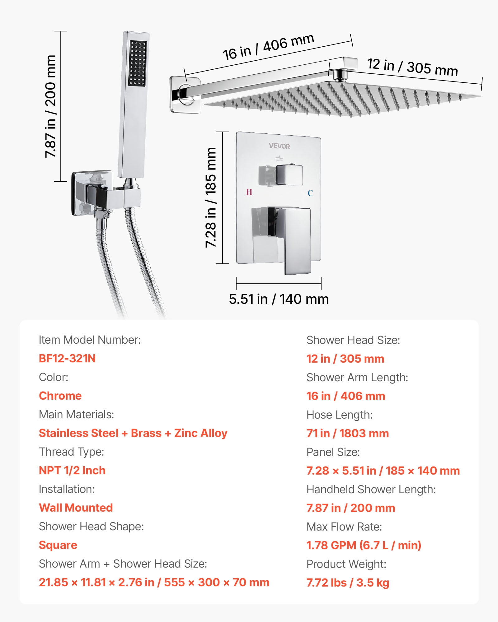 VEVOR Shower Faucet Set, Rainfall Bathroom Shower System with 12-Inch Square Rain Shower Head and Handheld Spray, Wall Mounted Bath Fixtures with Brass Valve and Trim Kit, Silver Chrome