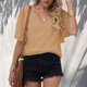 thumbnail image 3 of Camisa de manga corta de encaje Blusa de verano con manga de encaje fluida informal elegante con cuello en V de doble capa Caqui L, 3 of 6