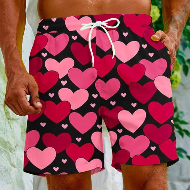 Puntoco Pantalones Cortos De Playa Para El Día De San Valentín Para Hombre, Pantalones Cortos Estampados Con Bolsillo Con Cordón, Pantalones Cortos Rojos Xxxl,Pantalones Cortos Hombre