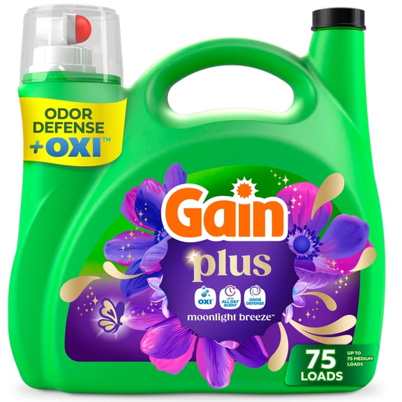 Gain Plus Laundry Detergent Liquid, Now with Odor Defense OXI, Moonlight Breeze Scent, 99 fl oz, 75 Loads