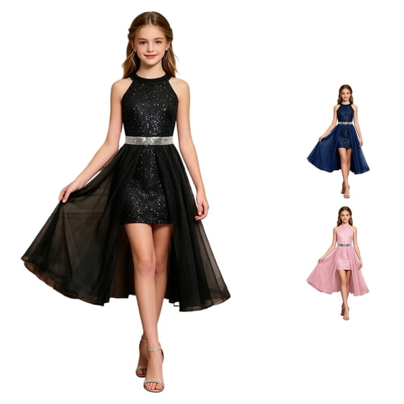 JAJAHO Sequin Girls Dress Sleeveless Sparkly Slim Fit High-Low Midi Ball Gown Formal Party Prom Wear Girl Dresses 12-16Y