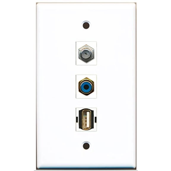 RiteAV - 1 Port RCA Blue and 1 Port Coax Cable TV- F-Type and 1 Port USB A-A Wall Plate