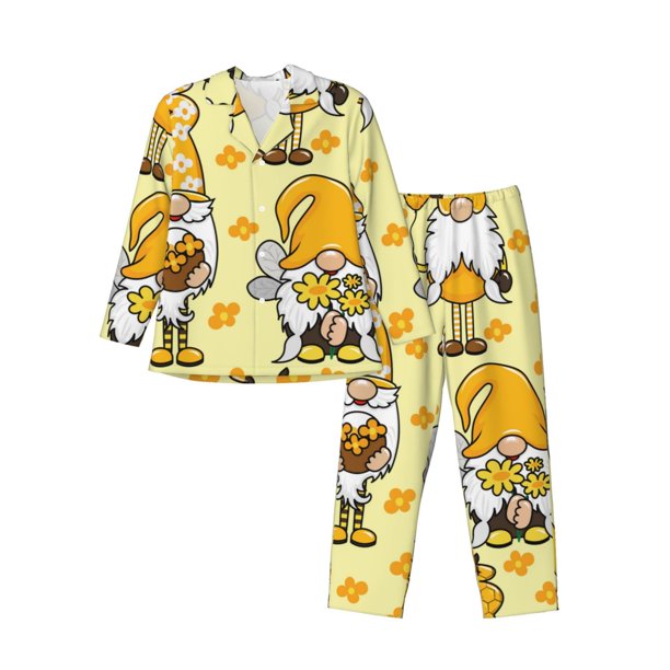 Fotbe Garden Honeybee Gnomes Pijama de Hombre con Estampado de Manga Larga, Conjunto de 2 Piezas, Ropa de Dormir Suave y Cómoda con Bolsillos-X-Large